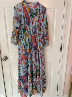 Banjanan Pale Blue Multicolor Floral Tiered Maxi Dress